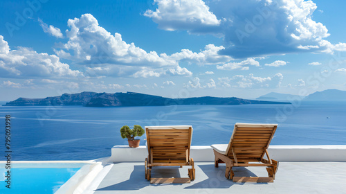 Santorini island Greece. Two chaise lounges 