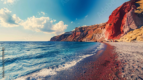 Santorini island Greece. Vlichada beach with red volcano