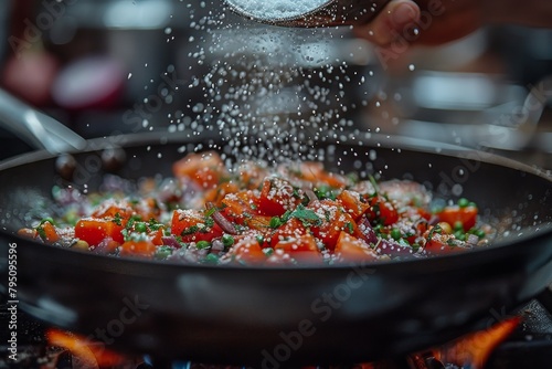Intense detail of salt being sprinkled over a pan of sautéed vegetables with vibrant colors