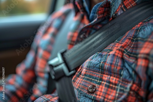 A focus on car safety, the image showcases a close-up of a seatbelt securely fastened over a plaid shirt