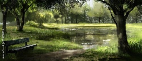 greenery scenic of nature park with wooden bench , artful painting style illustration with grungy brush stroke texture, Generative Ai 
