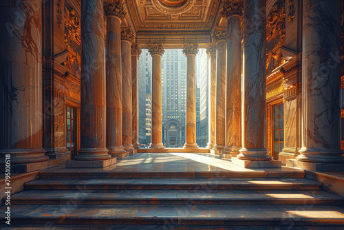  An interior of an ancient Greek temple, bathed in the golden glow of sunrise, with classical columns and marble floors. Created with Ai