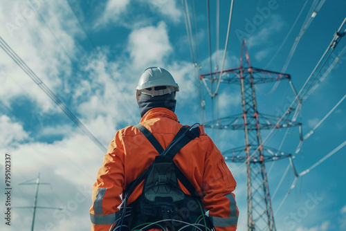 Hardworking man in safety equipment, inspecting electric pylons, efficiency in every detail