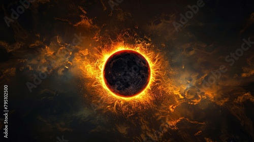 Eclipse: An illustration of a total solar eclipse, with the moon perfectly aligning with the sun