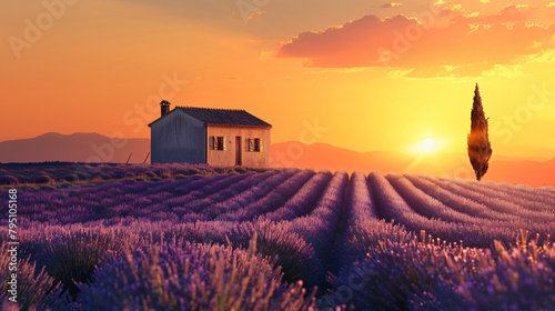 Small house with cypress tree in lavender fields 
