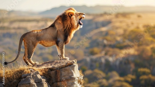 A lion is standing on a rock and roaring