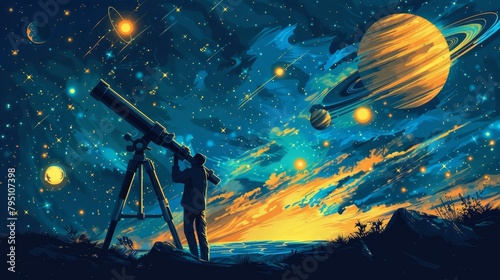 Telescope: An illustration of a scientist adjusting the focus of a telescope