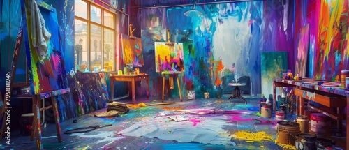 Painting room. An artist's studio in full creative chaos, paint splattered everywhere, canvases in various stages of completion, vibrant colors clashing and blending