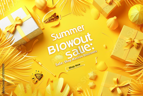 A vibrant golden yellow background with "Summer Blowout Sale Shop Now for Massive Discounts" in bold.