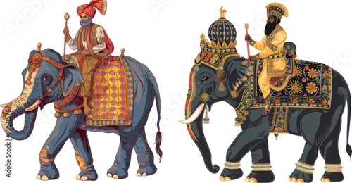 Ethnic Indian maharajah on the elephant colored illistration