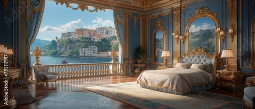 luxury palace bedroom with lakeside view, fairytale elegance scenery, Generative Ai