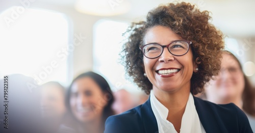 Attendees at a seminar, including a smiling woman with curls and specs