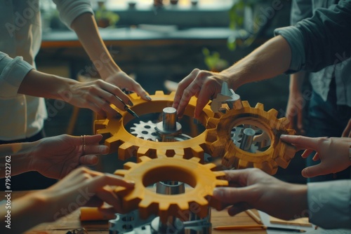 Diverse team collaborating on project using gears, while others work together in background