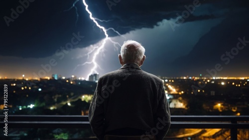 都市と雷を見る高齢者男性,男,Generative AI AI画像