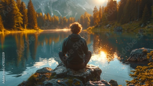 Person Sitting on Rock Looking at Lake