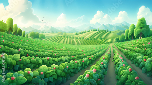 Aerial view of verdant farmland, precise rows of crops, dawn light casting long shadows - (2)
