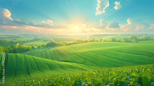 Aerial view of verdant farmland, precise rows of crops, dawn light casting long shadows - (3)