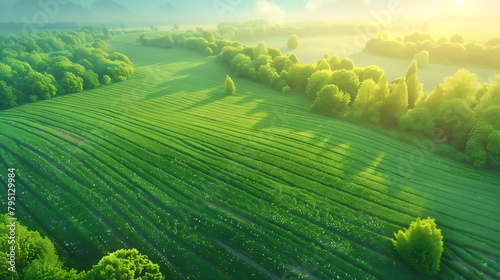 Aerial view of verdant farmland, precise rows of crops, dawn light casting long shadows -