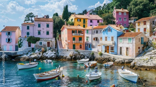 A picturesque coastal village with pastel-colored houses and fishing boats