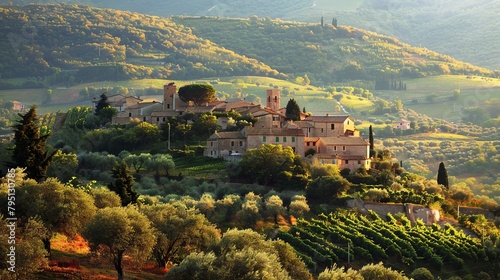 A picturesque hilltop village overlooking rolling vineyards and olive groves