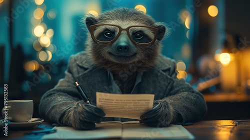 sloth slowly working at office at late night time with bokeh light , Generative Ai 