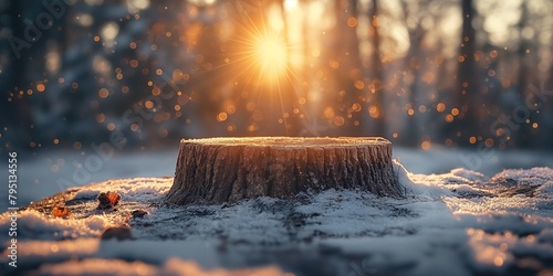 cut tree stump in winter town at forest against sunlight, Generative Ai
