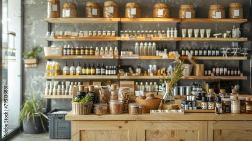 A store with a lot of jars and bottles on a wooden counter