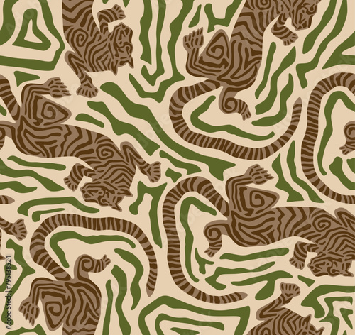 Tiger Art Seamless Pattern On Beige background Wallpaper illustration Vector, Safari Wildlife, Tiger Seamless Pattern, Tiger Print, Animal Print