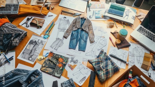 creative workspace of a fashion designer filled with drawings and sketches of outfits made from biodegradable denim.