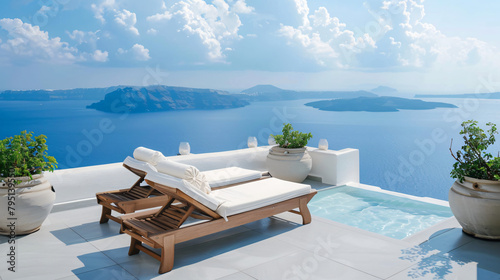 Two chaise lounges on the terrace with sea view. Santo