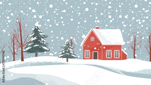 Snowy winter landscape with cute country house