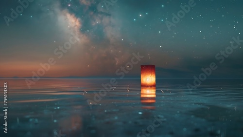  A moving image intertwining the solemnity of Memorial Day with the enchanting allure of the Lantern Festival, featuring a solitary paper lantern gracefully floating on water