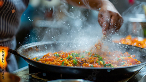 lose-up of the chef's hands expertly seasoning a sizzling pan, infusing the air with aromatic spices as flavors meld together to create a mouthwatering dish that tantalizes the sen