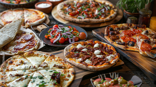 Close-up of a table laden with an assortment of mouthwatering dishes including gourmet pizzas, tacos, grilled meats, and decadent desserts, offering a tantalizing feast for the eye
