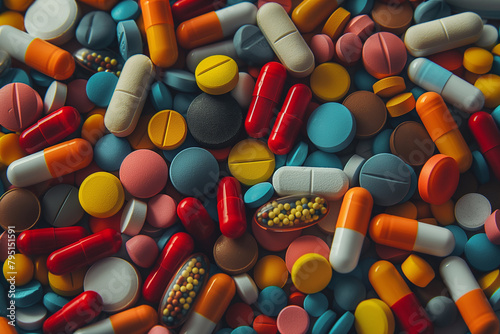 A pile of colorful pills, including blue, green, red, and yellow