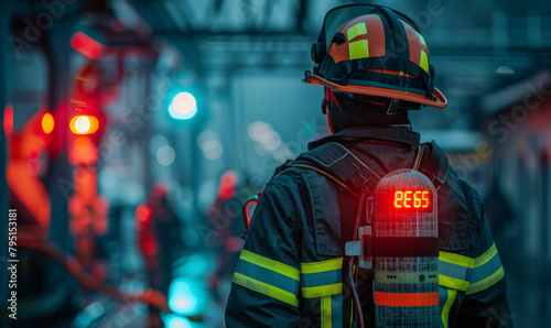 Rear view of a firefighter with illuminated identification number on protective gear at night.