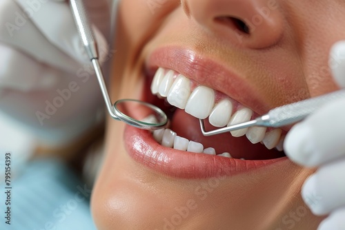 Close view of dental instruments inspecting a patient's perfect white teeth ensuring oral health