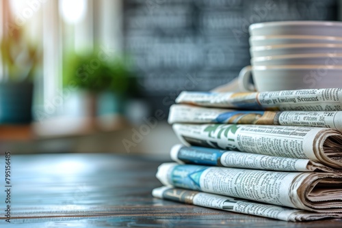 Stack of newspapers on elegant wooden table, representing news media and press concept