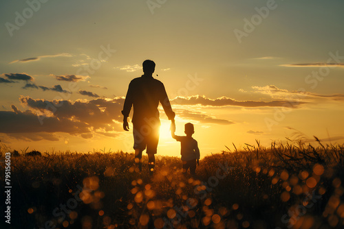 A silhouette of a father holding his child's hand at sunset, casting long shadows, symbolizing guidance and support
