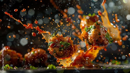 Culinary image showcasing food items being tossed and flipped with sauce flying around them