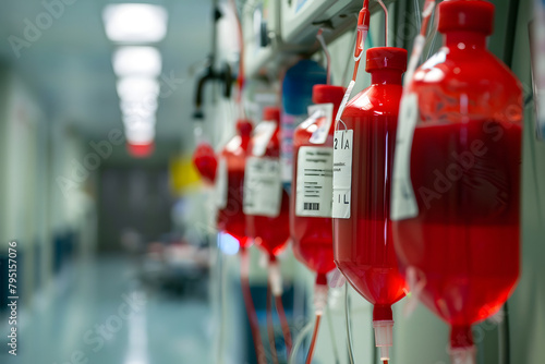 Blood transfusion bags in a hospital setting, with a focus on the life-saving aspect of blood donations 