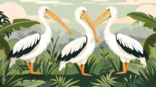 Beautiful pelicans in zoological garden Vector illustration