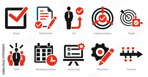 A set of 10 action plan icons as check, assesment, act