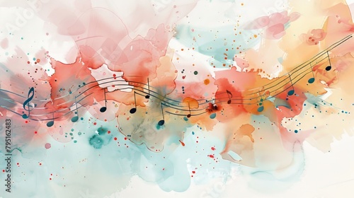 Abstract watercolor background with musical notes and flowers. Digital art painting. Ai generative. 
