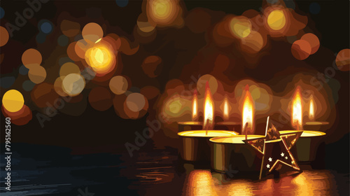Burning candles with Jewish badge on dark background.