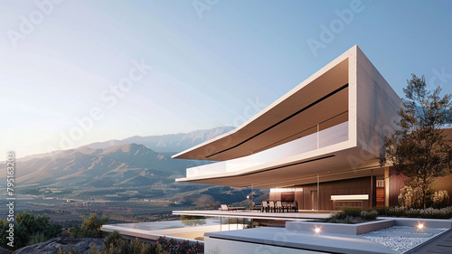 An ultra-modern house with a cantilevered design, showcasing panoramic views of the mountains and valleys below against a clear sky.