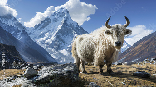 White yak in Himalaya mountains Nepal. Khumbu valley 