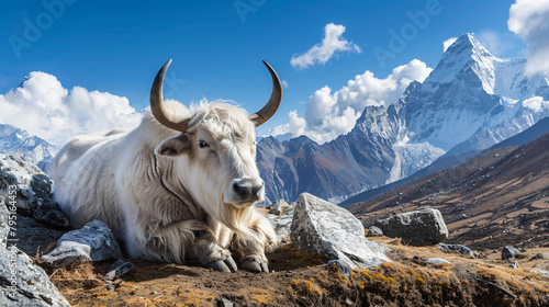 White yak in Himalaya mountains Nepal. Khumbu valley 