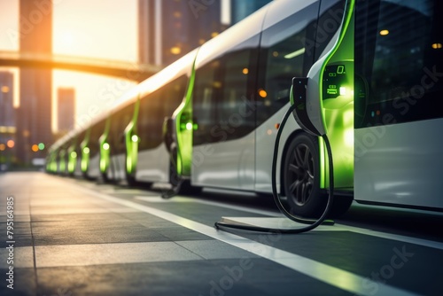 Electric bus charging in the city. Concept of eco-friendly transport. 3D illustration. Sustainable energy. Electric vehicle. Green Energy Concept with Copy Space. 