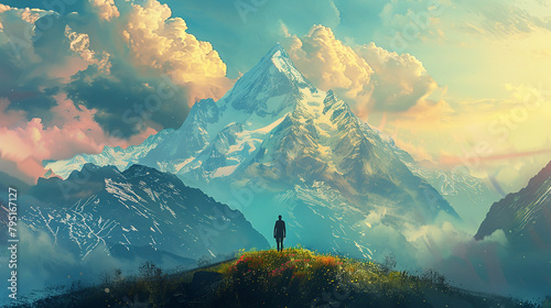 man standing on a hill looking at the strange mountain.